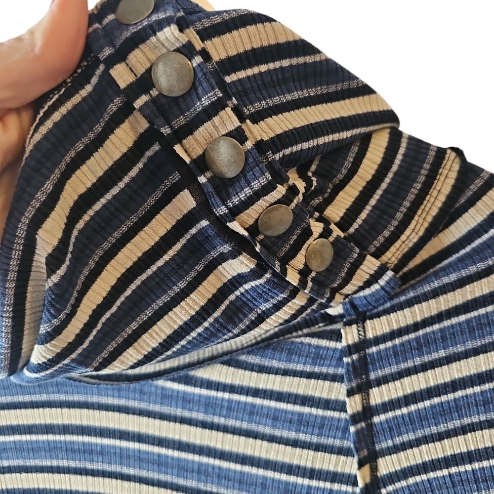 Free people Cape Cod Cowl neck striped blue cream thermal top sz large WT305 - Picture 8 of 10